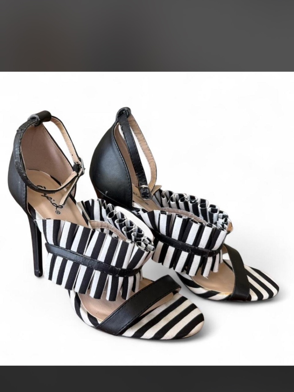 Qupid Black & White Striped Ruffle Ankle-Strap Heels